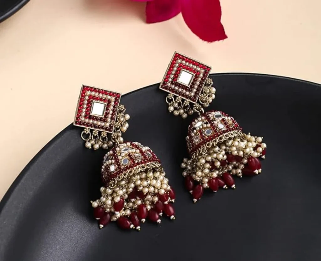 Jhumkas With Red Work on It