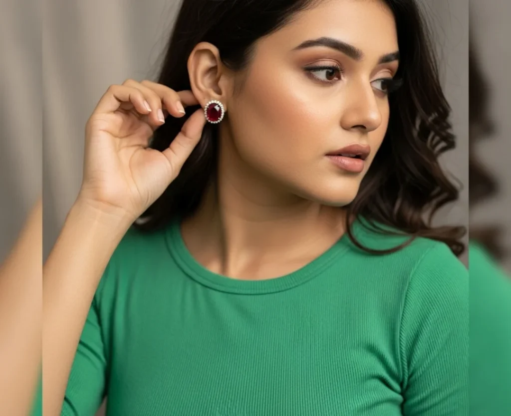 Gil Wearing stud earring and holding her ear