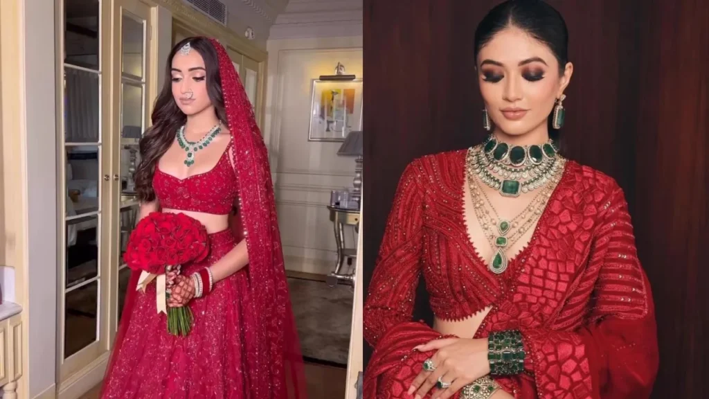 brides wearing green jewellery with red lehnga